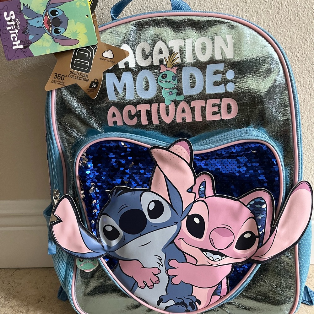Bioworld Stitch & Angel Backpack NWT HTF Reflective strips, Tech Sleeve, Padding